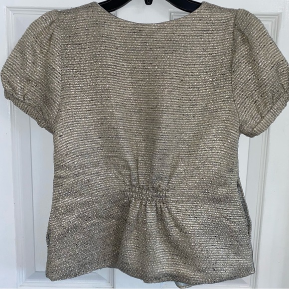 LOEFFLER RANDALL Tan Silver Metallic Puff Short Sleeve Snap Blouse - Picture 9 of 13